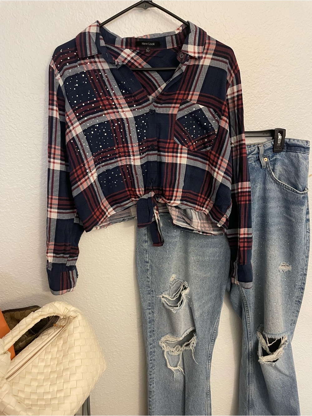 New Look Navy, Red & White Plaid Tie-Front Top with Stud Accents